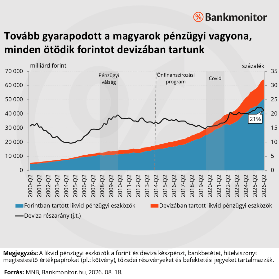 Tovább gyarapodott a magyarok pénzügyi vagyona, minden ötödik forintot devizában tartunk